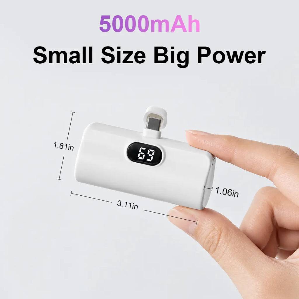 5000mAh Mini Capsule Universal Power Bank - 10W Fast Charging USB-C Portable Charger, Ultra Compact and Lightweight External Battery Pack with Cable Compatibility for iPhone and Android Smartphones