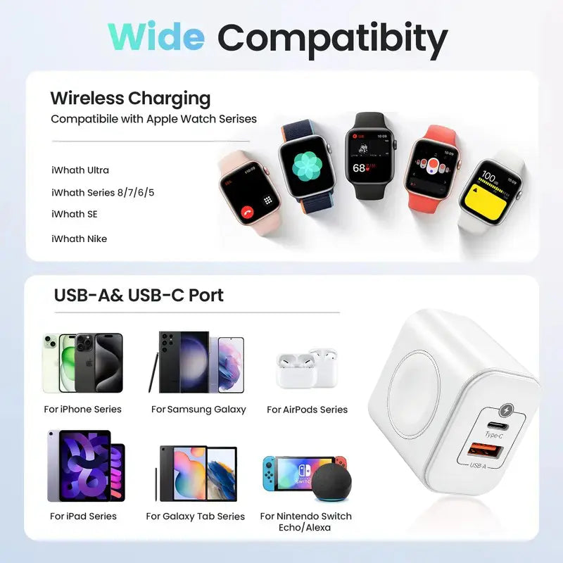 3-in-1 Magnetic Wireless Cordless PD USB-C Wall Charger - 20W Fast Charging, Compatible with iPhone 15/16/17 Series, Apple Watch Ultra/SE/Series 6-9