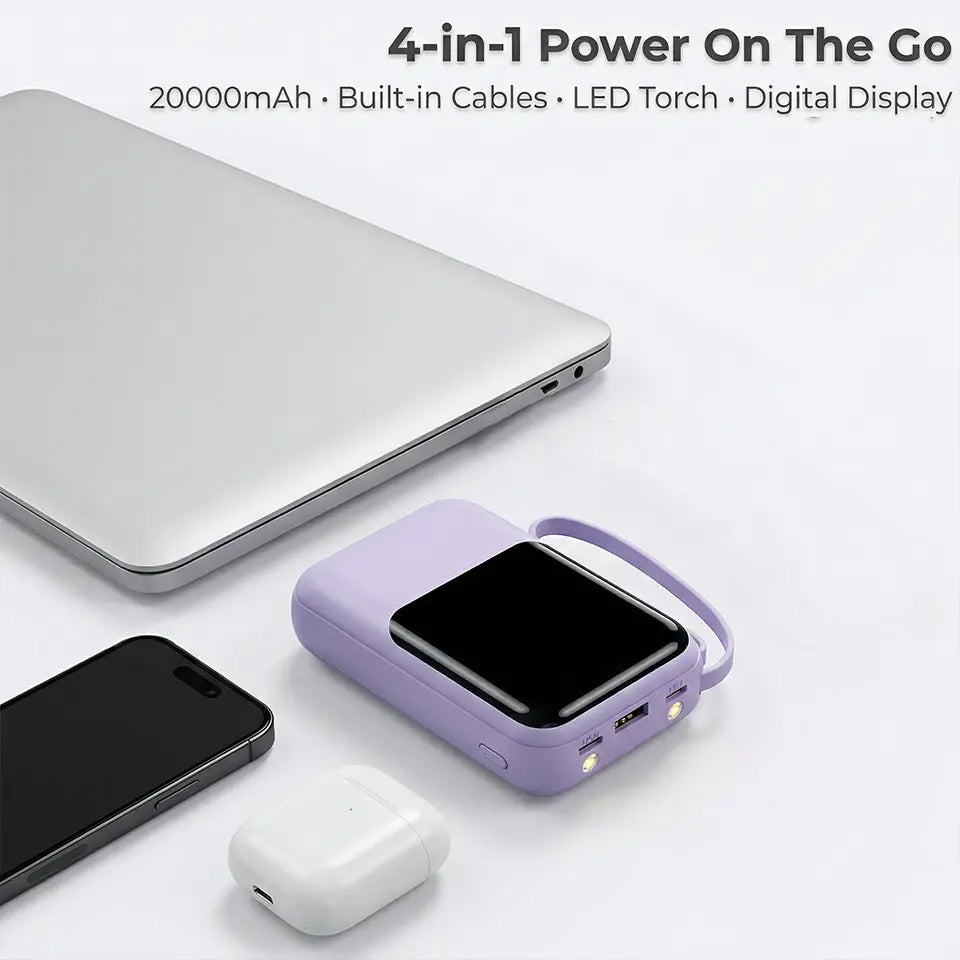 20,000mAh Portable Power Bank with Built-In Cables, LED Digital Display, Dual USB Output, LED Flashlight, and Lanyard for iPhone and Android Devices