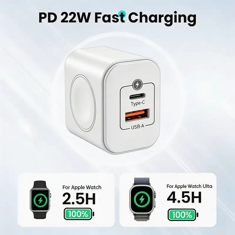 3-in-1 Magnetic Wireless Cordless PD USB-C Wall Charger - 20W Fast Charging, Compatible with iPhone 15/16/17 Series, Apple Watch Ultra/SE/Series 6-9