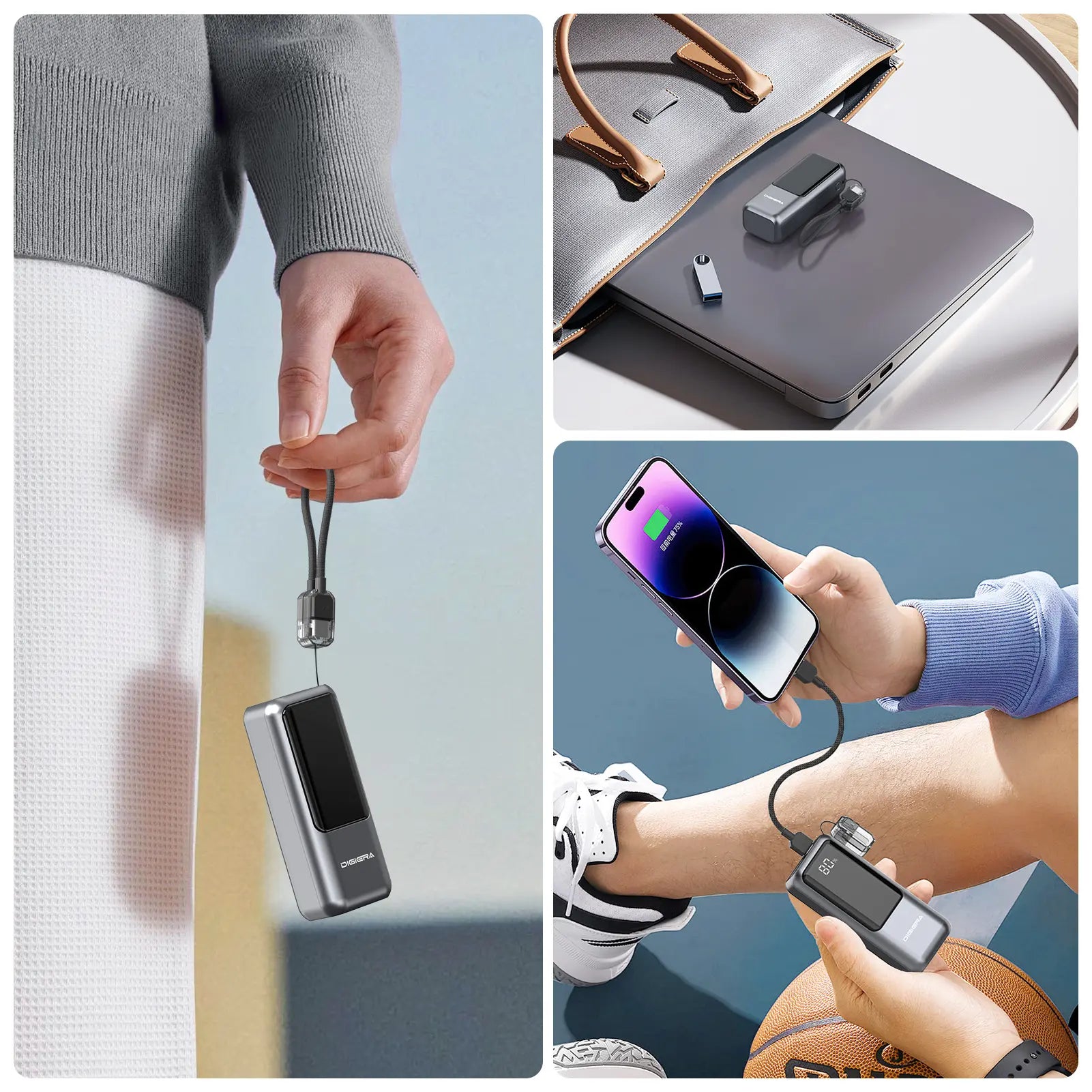 Digiera 10,000mAh Power Bank with Integrated Charging Cable and Lanyard, 20W PD Fast Charging, Dual-Direction USB-C, LED Battery Indicator, Compact and Travel-Friendly Design