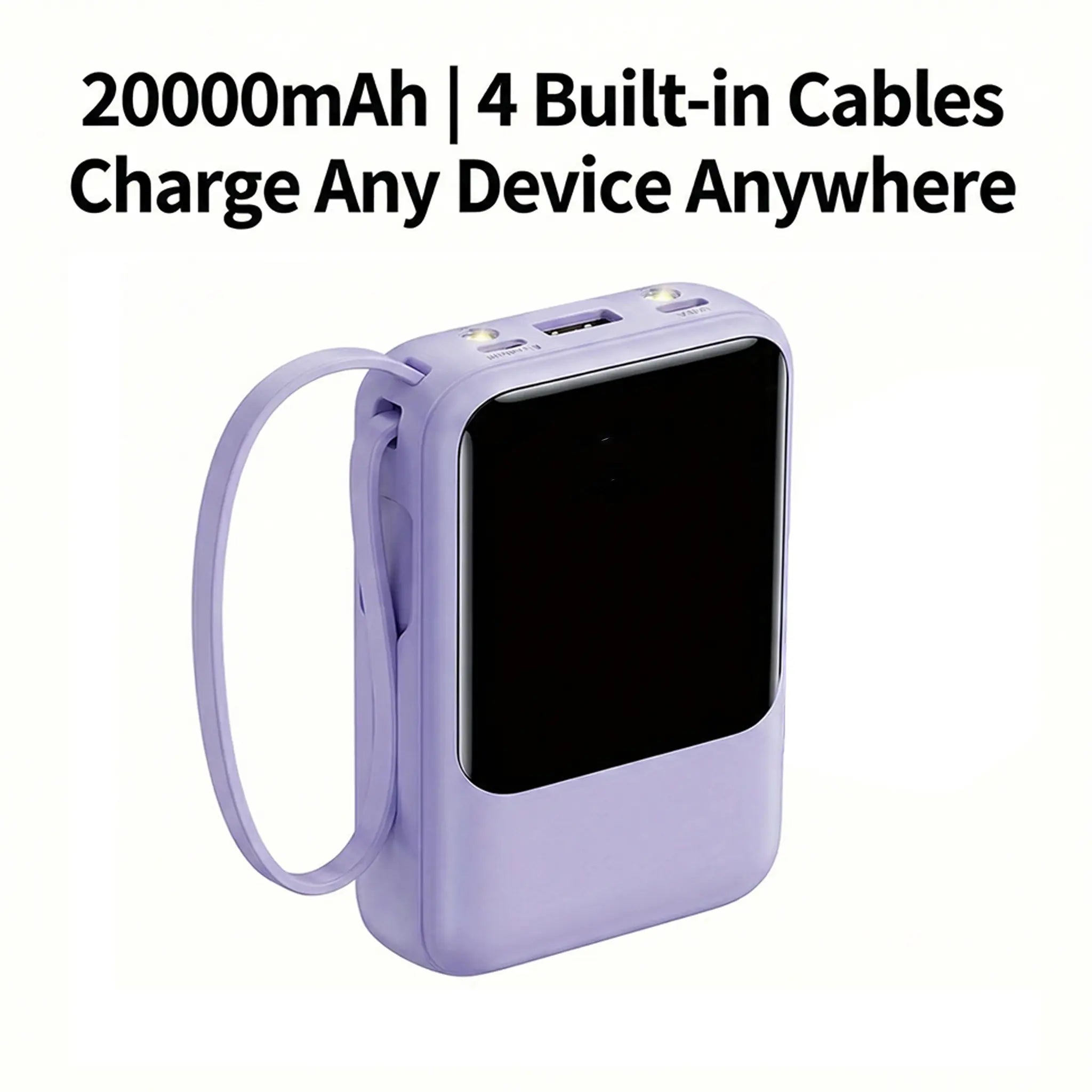 20,000mAh Portable Power Bank with Built-In Cables, LED Digital Display, Dual USB Output, LED Flashlight, and Lanyard for iPhone and Android Devices