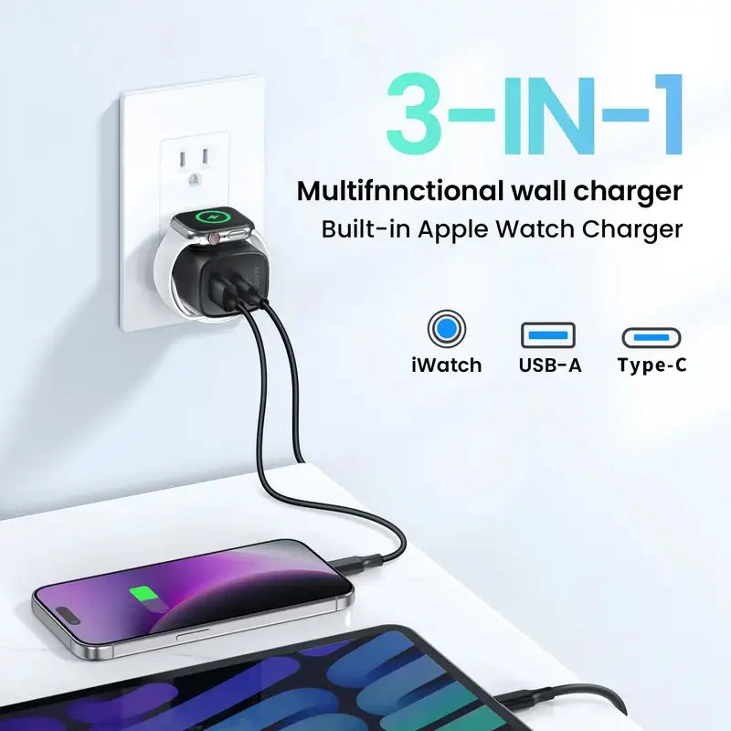 3-in-1 Magnetic Wireless Cordless PD USB-C Wall Charger - 20W Fast Charging, Compatible with iPhone 15/16/17 Series, Apple Watch Ultra/SE/Series 6-9