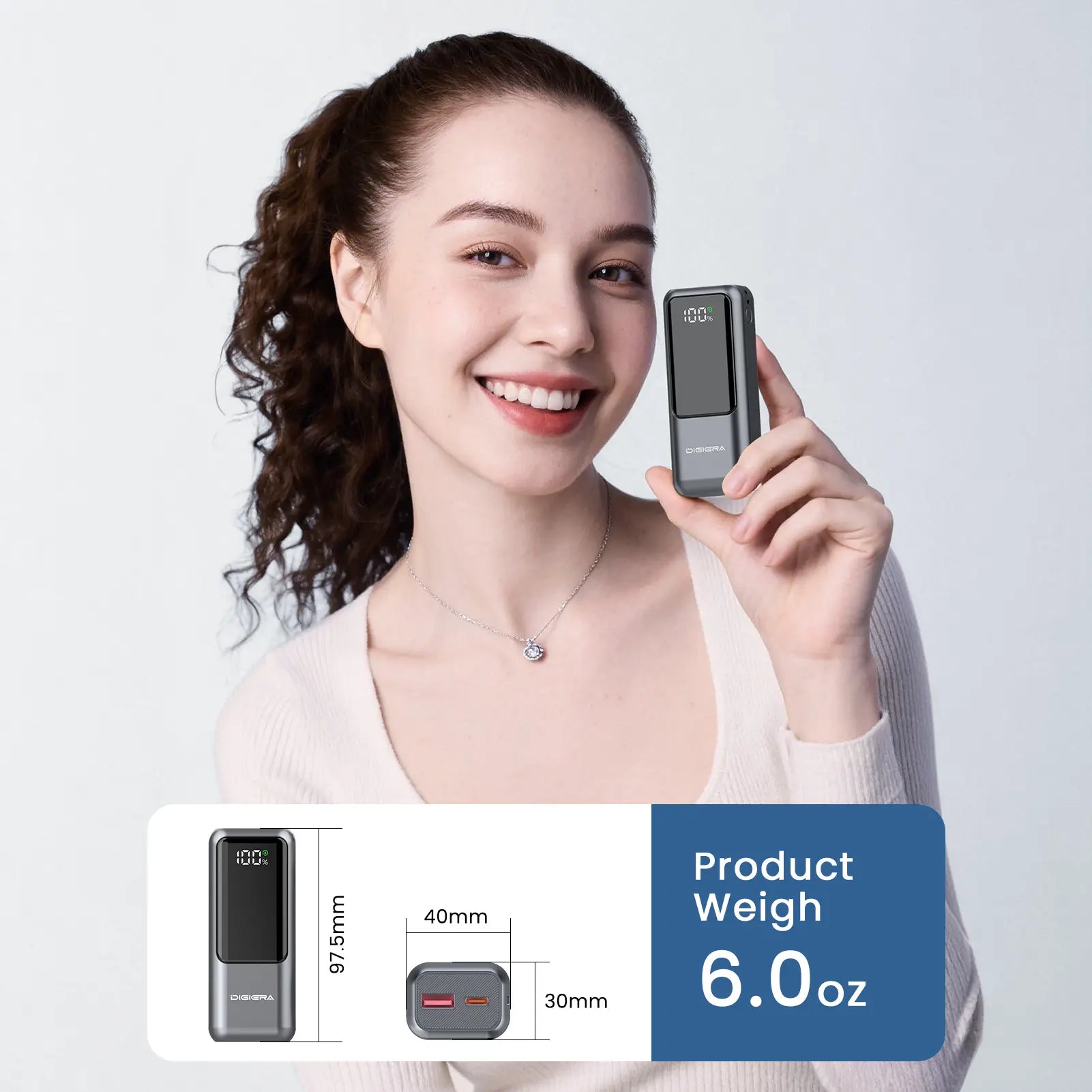 Digiera 10,000mAh Power Bank with Integrated Charging Cable and Lanyard, 20W PD Fast Charging, Dual-Direction USB-C, LED Battery Indicator, Compact and Travel-Friendly Design