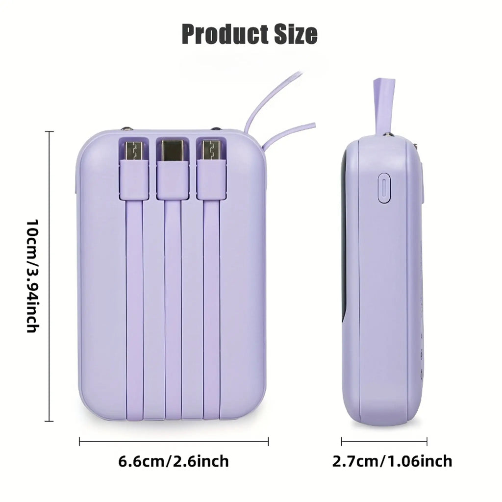 20,000mAh Portable Power Bank with Built-In Cables, LED Digital Display, Dual USB Output, LED Flashlight, and Lanyard for iPhone and Android Devices