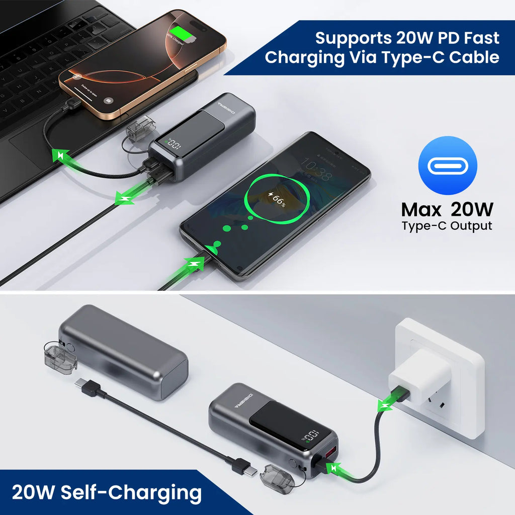 Digiera 10,000mAh Power Bank with Integrated Charging Cable and Lanyard, 20W PD Fast Charging, Dual-Direction USB-C, LED Battery Indicator, Compact and Travel-Friendly Design