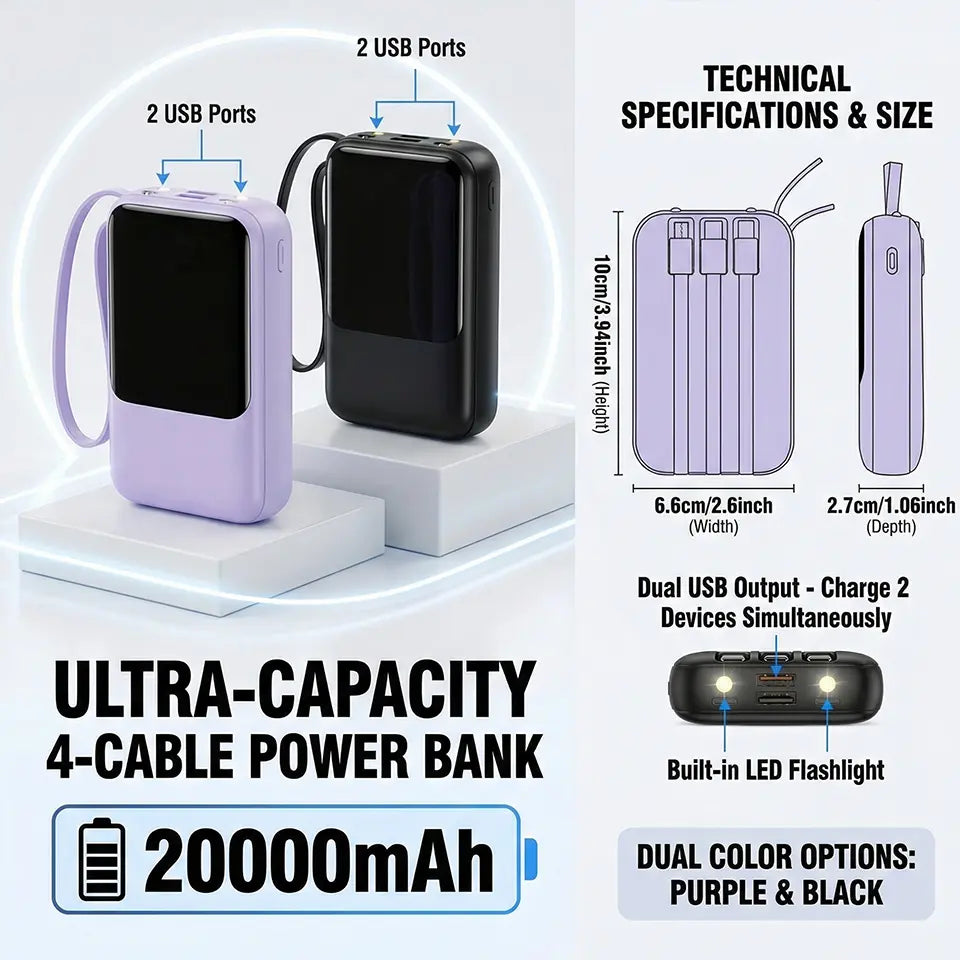 20,000mAh Portable Power Bank with Built-In Cables, LED Digital Display, Dual USB Output, LED Flashlight, and Lanyard for iPhone and Android Devices