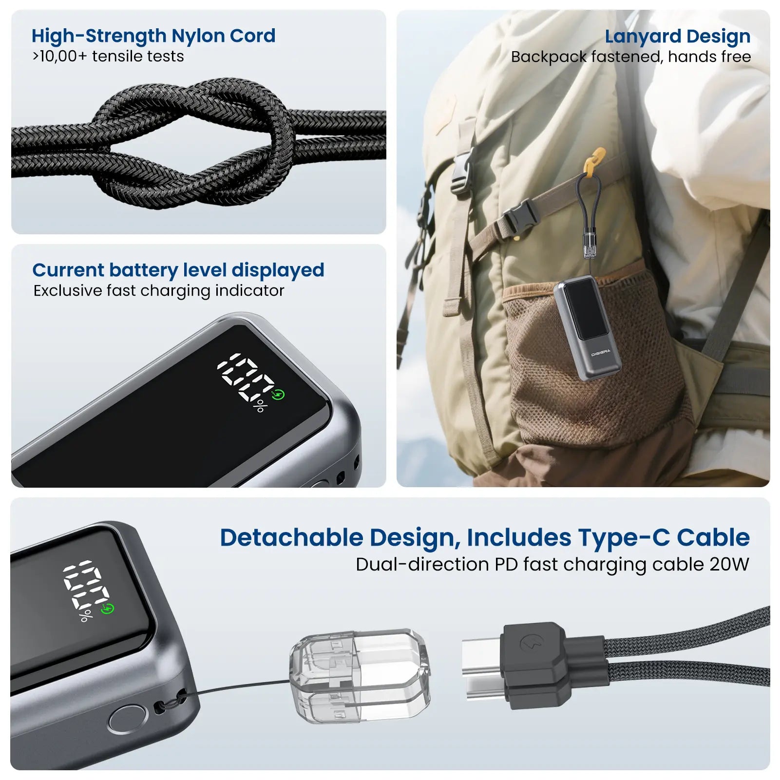 Digiera 10,000mAh Power Bank with Integrated Charging Cable and Lanyard, 20W PD Fast Charging, Dual-Direction USB-C, LED Battery Indicator, Compact and Travel-Friendly Design