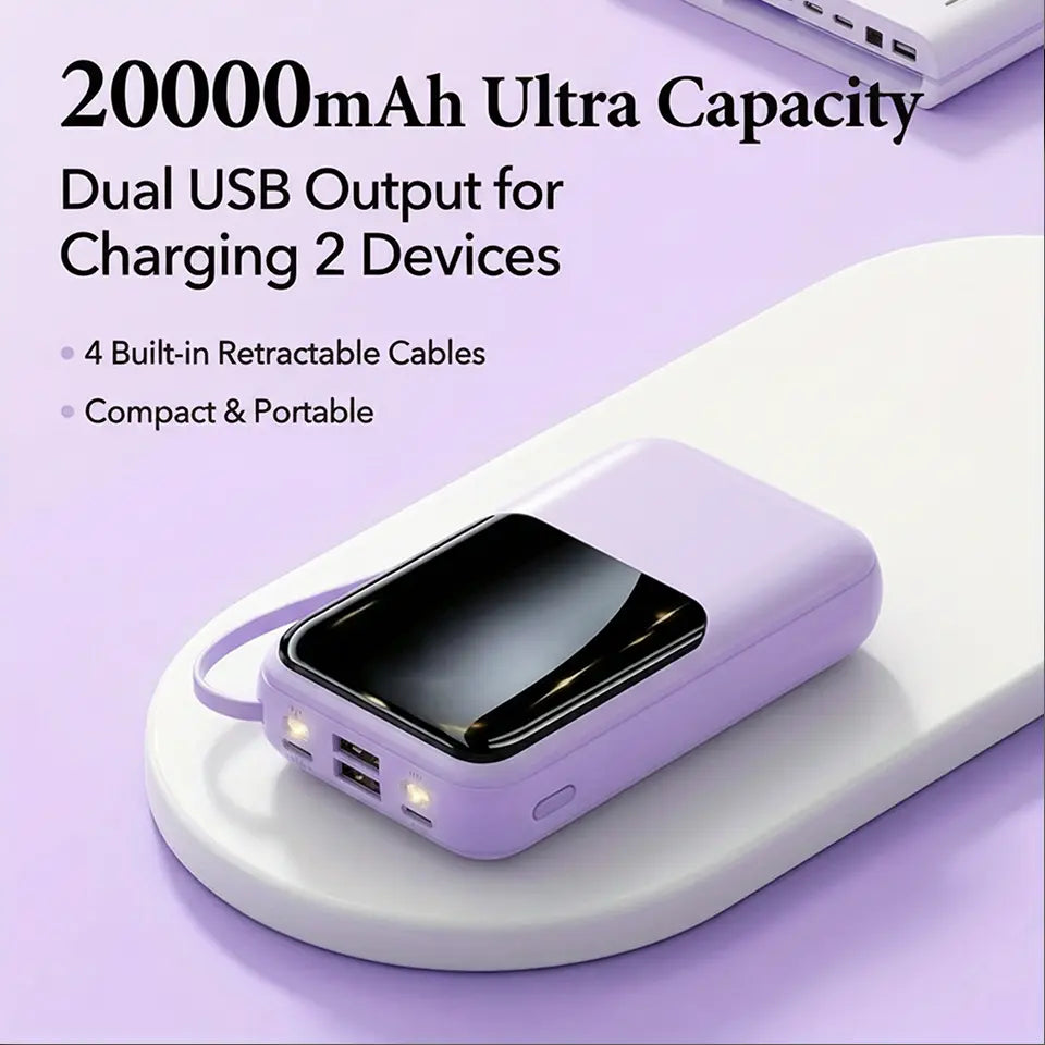 20,000mAh Portable Power Bank with Built-In Cables, LED Digital Display, Dual USB Output, LED Flashlight, and Lanyard for iPhone and Android Devices