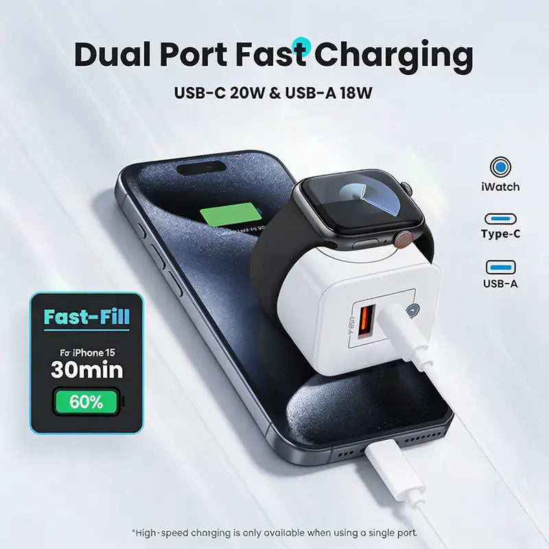 3-in-1 Magnetic Wireless Cordless PD USB-C Wall Charger - 20W Fast Charging, Compatible with iPhone 15/16/17 Series, Apple Watch Ultra/SE/Series 6-9
