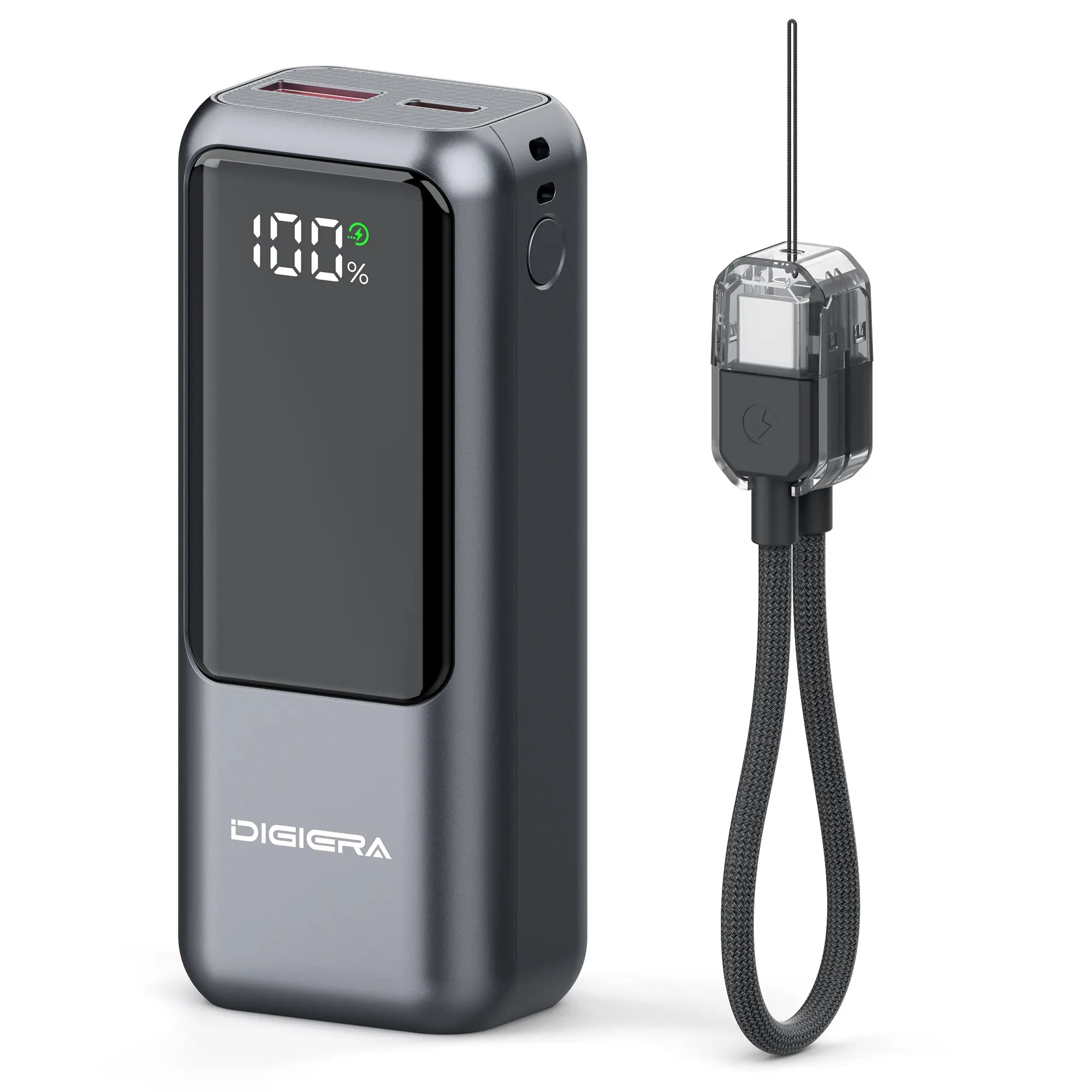 Digiera 10,000mAh Power Bank with Integrated Charging Cable and Lanyard, 20W PD Fast Charging, Dual-Direction USB-C, LED Battery Indicator, Compact and Travel-Friendly Design