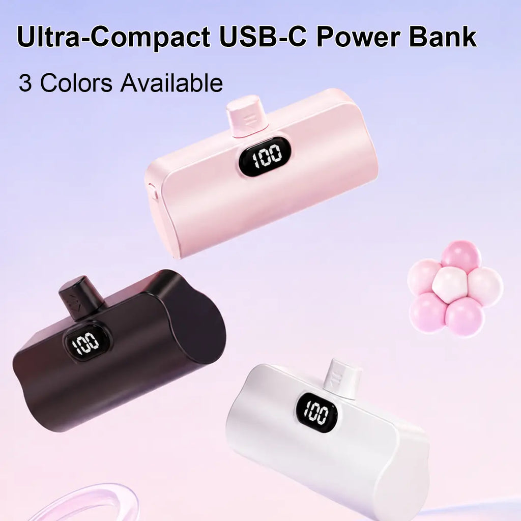 5000mAh Mini Capsule Universal Power Bank - 10W Fast Charging USB-C Portable Charger, Ultra Compact and Lightweight External Battery Pack with Cable Compatibility for iPhone and Android Smartphones