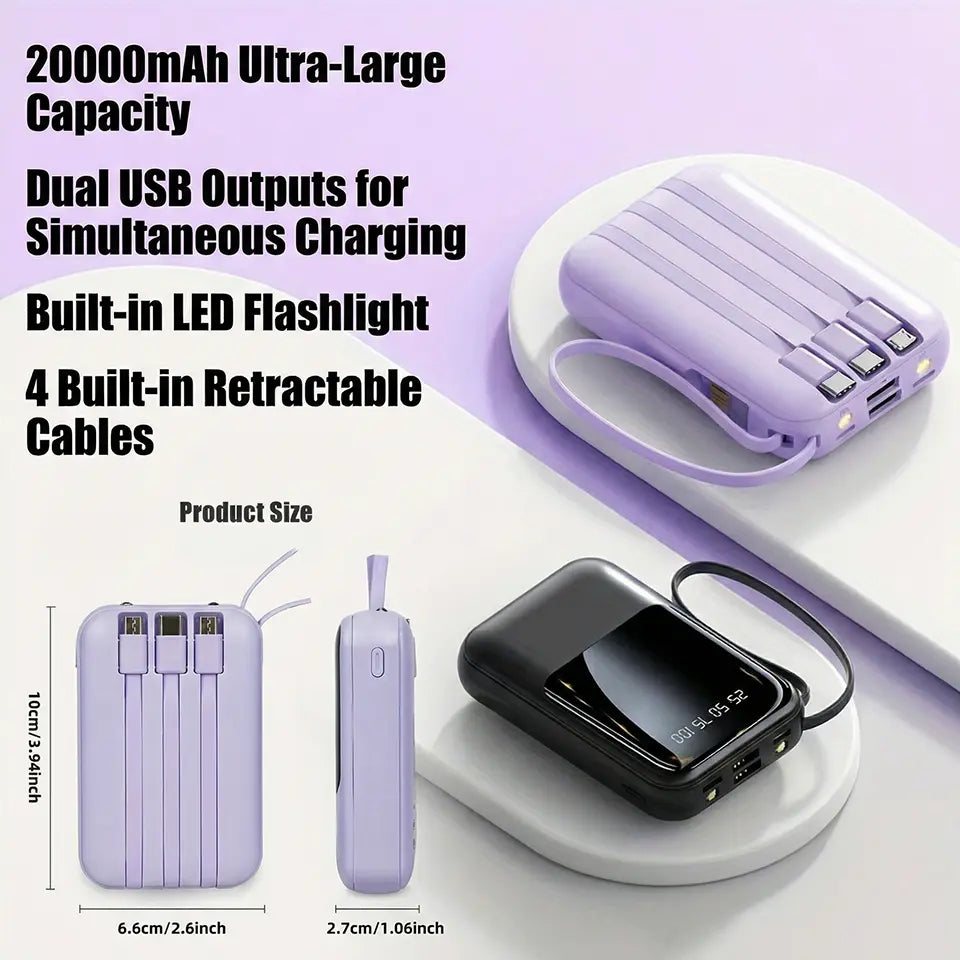 20,000mAh Portable Power Bank with Built-In Cables, LED Digital Display, Dual USB Output, LED Flashlight, and Lanyard for iPhone and Android Devices