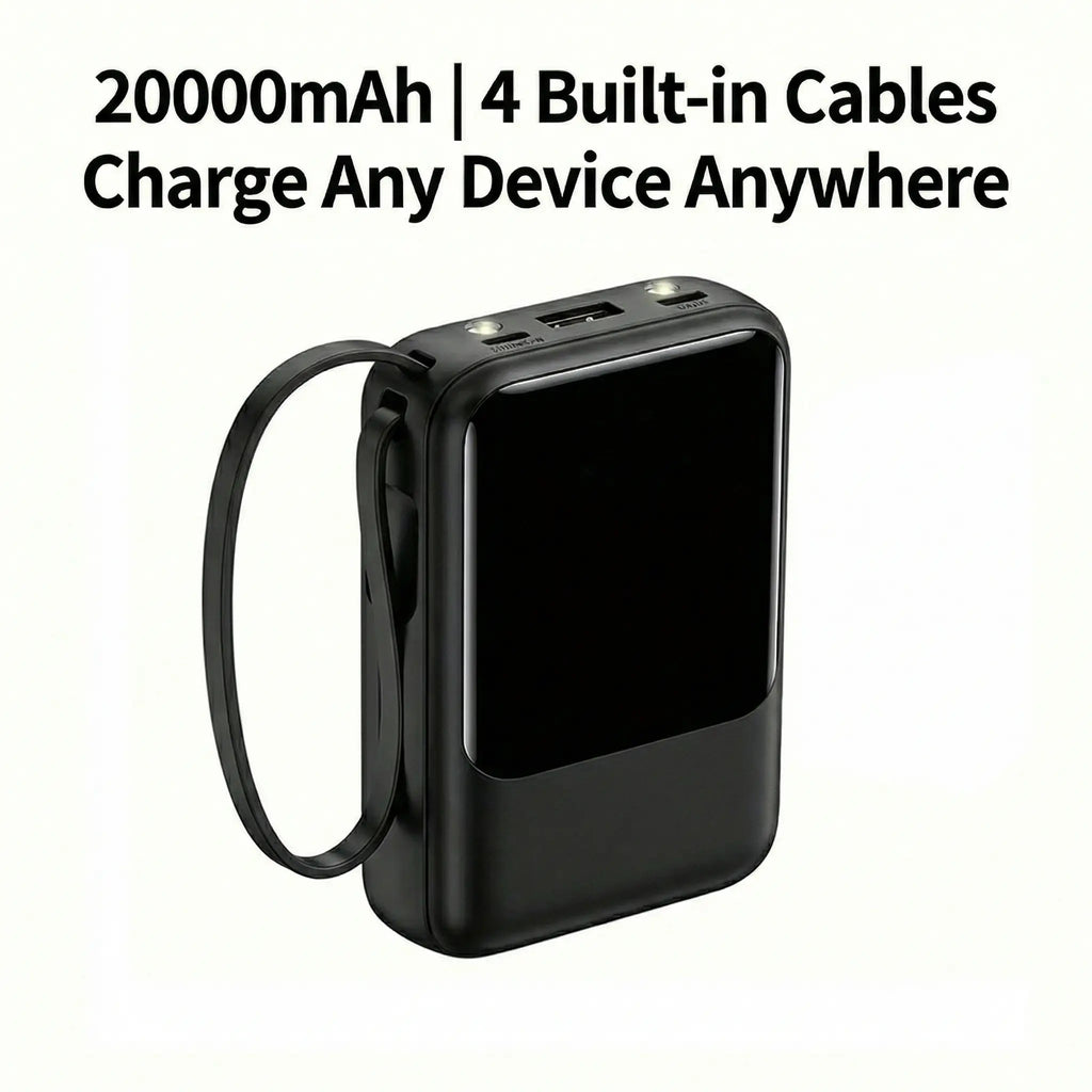 20,000mAh Portable Power Bank with Built-In Cables, LED Digital Display, Dual USB Output, LED Flashlight, and Lanyard for iPhone and Android Devices