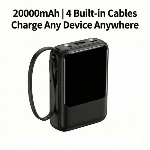 20,000mAh Portable Power Bank with Built-In Cables, LED Digital Display, Dual USB Output, LED Flashlight, and Lanyard for iPhone and Android Devices