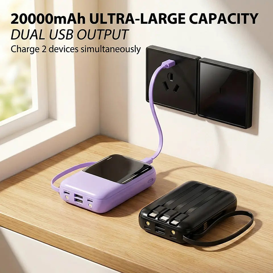 20,000mAh Portable Power Bank with Built-In Cables, LED Digital Display, Dual USB Output, LED Flashlight, and Lanyard for iPhone and Android Devices